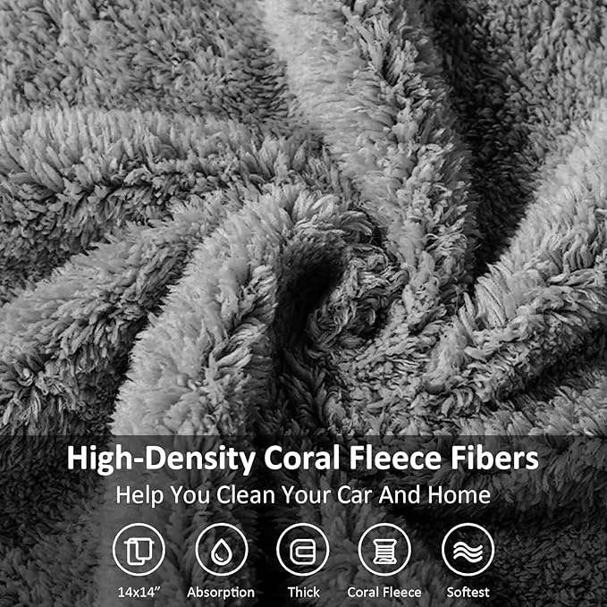 Microfiber Quick-Dry Towels (14" x 14"), Double-Sided Coral Fleece, Super Absorbent, Streak-Free, Ideal for wiping car interiors, drying vehicle surfaces, and cleaning in the home (Pack of 4)
