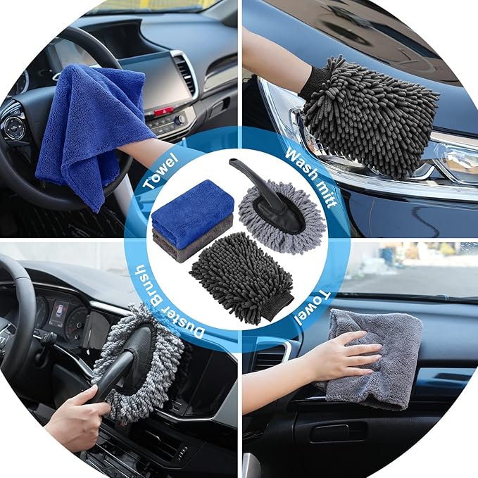 AUTODECO 35Pcs Car Wash Detailing Kit Cleaning Kits with Foam Gun Sprayer Collapsible Bucket Brush Large Wash Mitt Towels Complete Interior Exterior Car Washing Supply Set Black