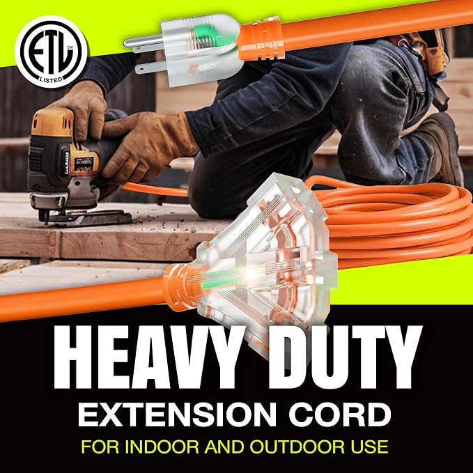 25ft Outdoor/Indoor Extension Cord 3-Outlet 12/3 Gauge Extra Heavy Duty ETL Listed, 3 Prong SJTW, Waterproof, Flexible Cold-Resistant Long Power Cord,15A 125V 1875W, Orange by LifeSupplyUSA