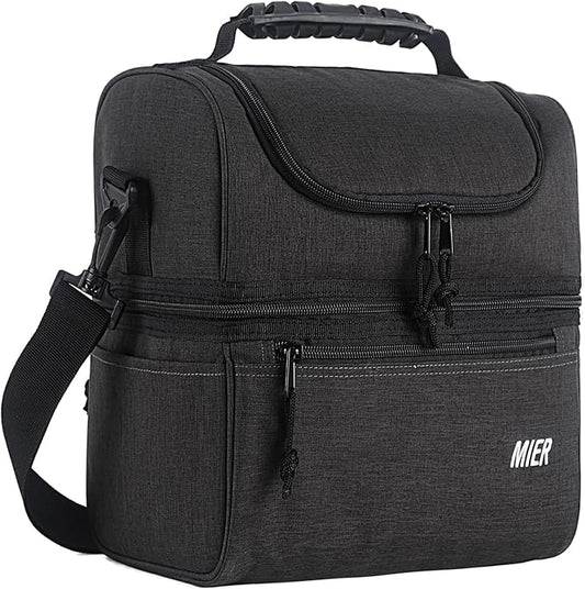 MIER 2 Compartment Lunch Bag for Men Women, Leakproof Insulated Cooler Bag for Work, Dark Grey, Medium