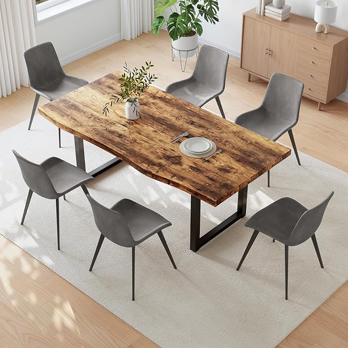 63" Dining Table and Chair Set for 6, MDF Board Kitchen Table Set with Thick Cushion Dining Chairs Set of 6, Mid-Century Dining Room Table, Saving Space