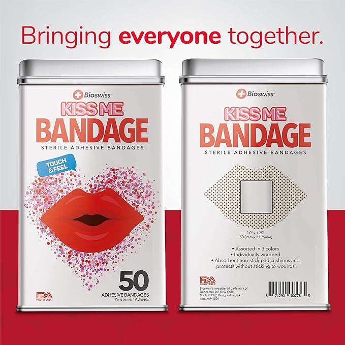 BioSwiss Kids Bandages, Lips Shaped Self Adhesive Bandage Set, Latex Free, Sterile Wound Care, 50 Count