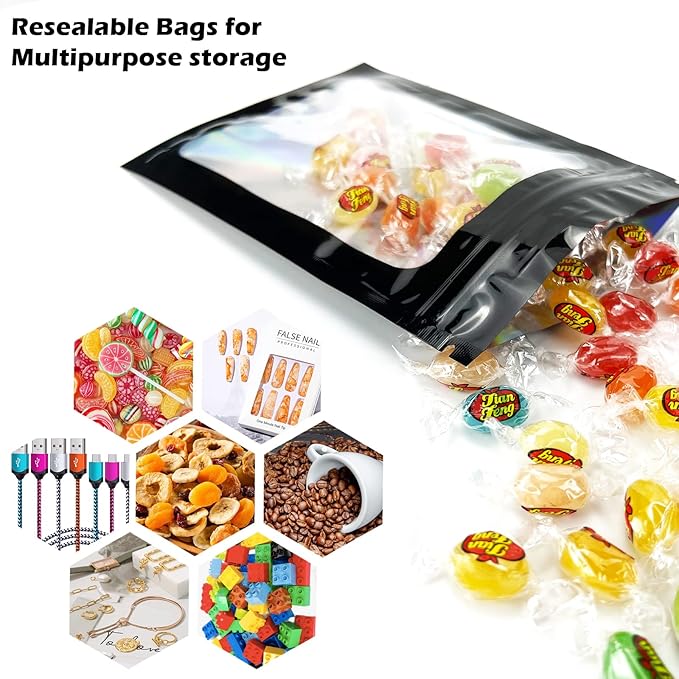 300 Pcs Holographic Mylar Bags, 3 Size Smell Proof Bags with Clear Window Foil Pouch Bags Resealable Bags for Small Business and Food Storage, Black