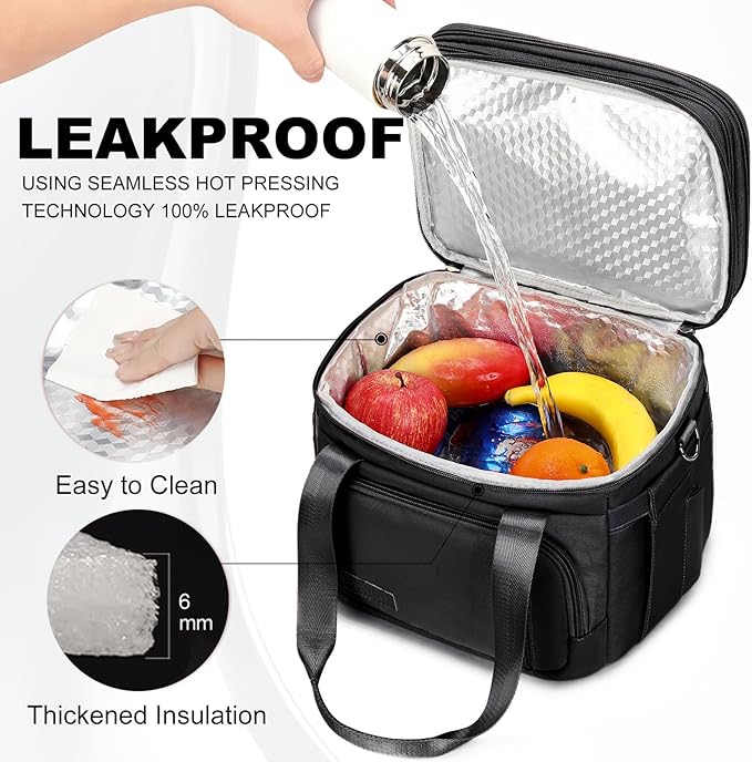 Lunch Box for Men Women - Double Deck Insulated Lunch Bag, Large Leak Proof Tote Cooler, Wide Open Dual Compartment Lunch Bags with Shoulder Strap, For Work Picnic Hiking Beach, Black