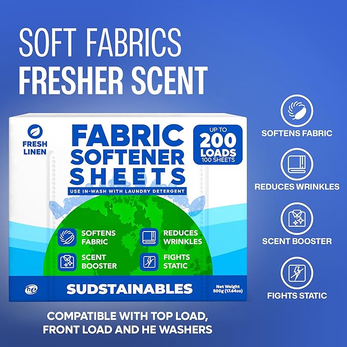 Sudstainables Fabric Softener Sheets for Washer – Laundry Softener Sheets for Washing Machines, Scented (200 loads) | Pods and Liquid Alternative