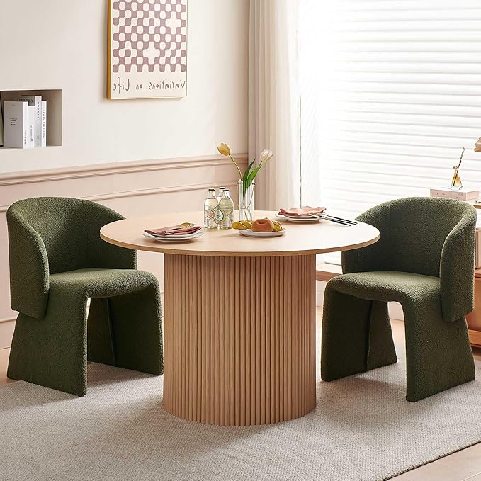 3-Piece Dining Table Set for 2, Modern Round MDF Kitchen Table with Two-Part Tabletop, Oak Finish, Stylish Living Room Table and 2 Cozy Dining Side Chairs Upholstered Set