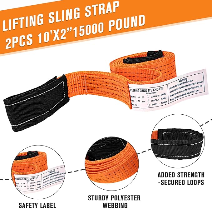 2 Pcs 2" x10FT Heavy Duty Nylon Lifting Sling Strap, 15000lb Capacity Super Sturdy Flat Eye Rigging Strap for Hoist, Towing, Moving, Tree Saver Recovery, and Winch