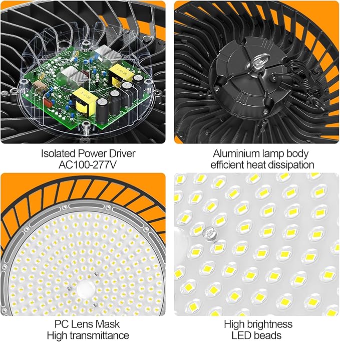8 Pack LED High Bay Lights 200W, 30000LM 6500K UFO High Bay Led Shop Lights AC100-277V with Plug Industrial Warehouse Workshop Factory Barn Garage Area Lighting Fixture