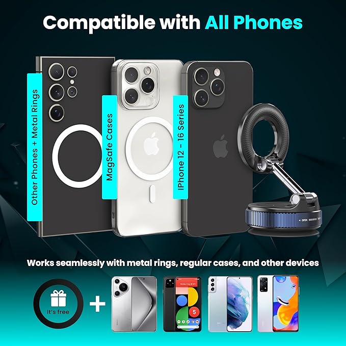 Magnetic Vacuum Phone Holder for Car – Adjustable 360° Strong Suction Mount, MagSafe Compatible Car Mount, iPhone Holder for Dashboard & Windshield, Adsorption Stand for iPhone & Samsung Smartphones