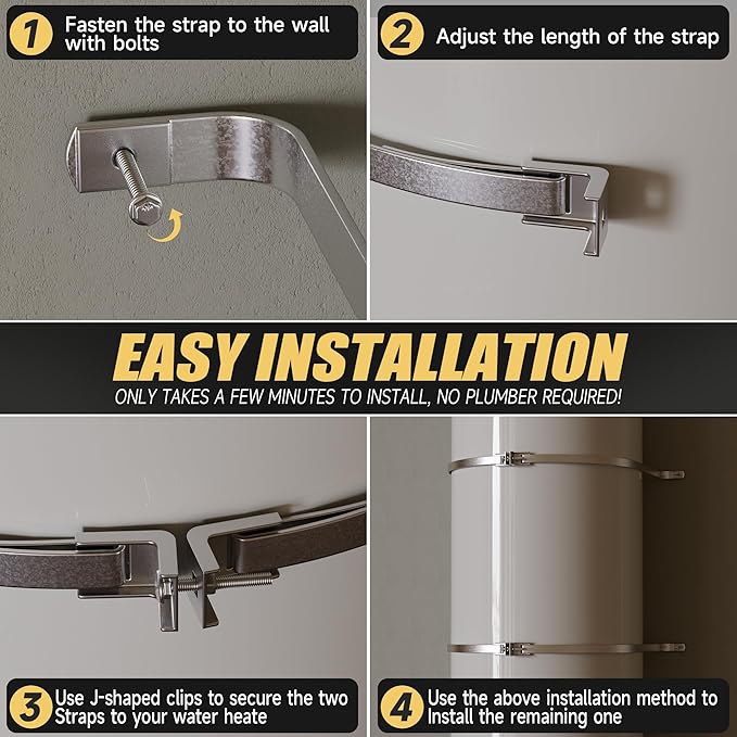 2 Sets Water Heater Earthquake Straps, Water Heater Strap Kit for 80 Gallon Water Tank, Expansion Tank Mounting Bracket with Installation Accessory -Stainless Steel Straps