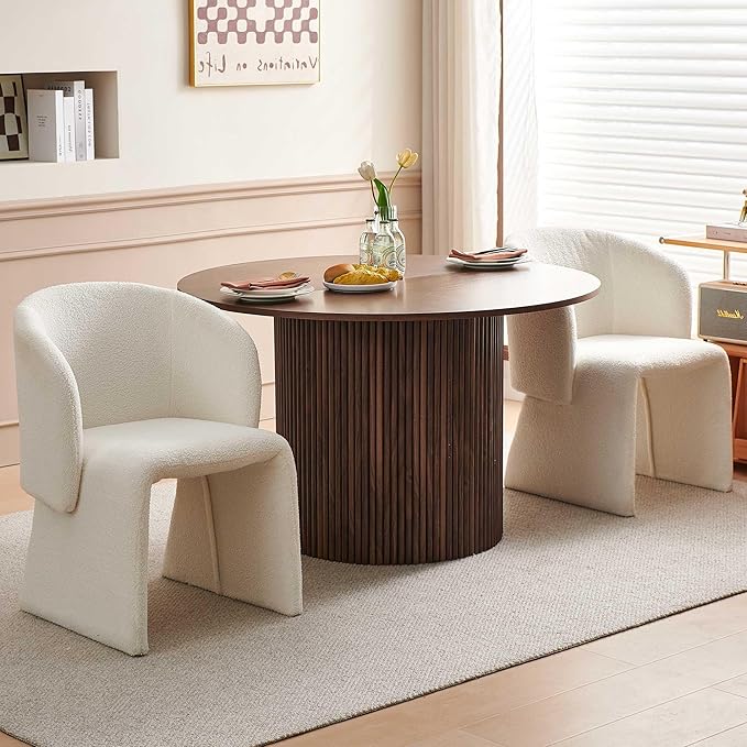 Kitchen Dining Table Set for 2, Farmhouse Round Dining Room Table and 2 Seated Dining Accent Chairs Curved Backrest&Armrest, Modern Dining Room Table Set for Home Dining Hall