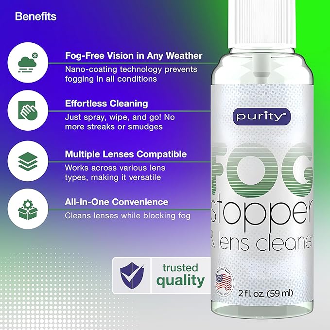 Purity Fog Stopper and Lens Cleaner Spray - Anti Fog Spray for Glasses & Non-AR Coated Lenses - Fog Blocker and Anti-Static Lens Cleaning Spray for Glasses, Eyewear, Goggles and Masks - 2oz