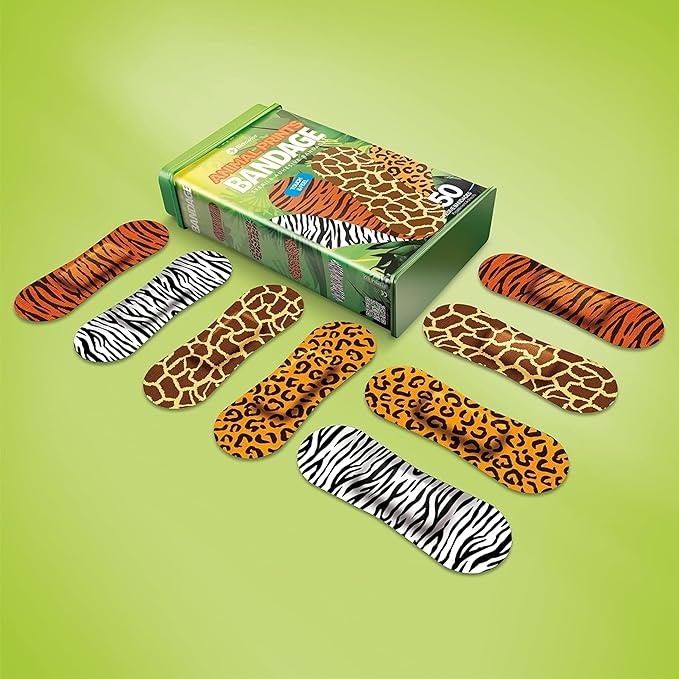 BioSwiss Kids Bandages, Animal Print Shaped Self Adhesive Bandage Set, Latex Free Sterile Wound Care, 50 Count
