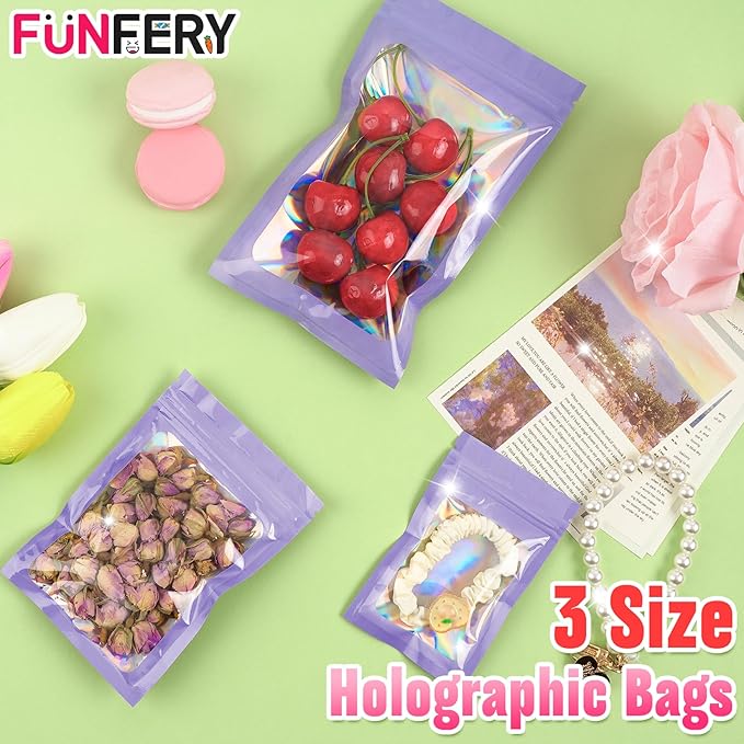 Funfery 300 Pack 3 Size Mylar Holographic Bags with Clear Window,Resealable Bag Smell Proof Foil Baggies Packaging Pouch for Food Storage,Sample,Small Business(Purple,3x4.7,4x6,4.7x7.9in)