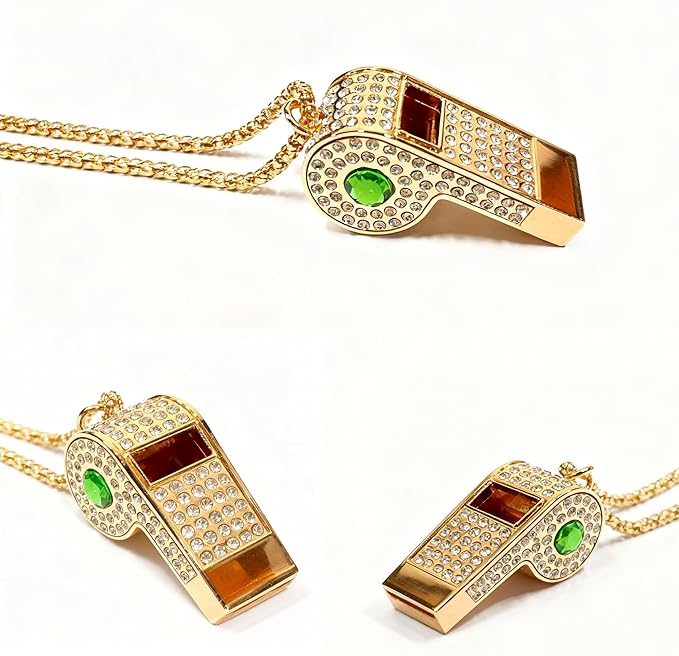 PCTC Shining Whistle,Crystal-Encrusted Metal Whistle with Decorative Chain Great for Referees, Coaches Party and Gift Accessory[Gold Exterior]