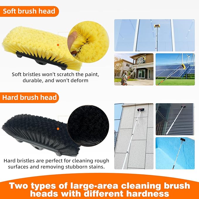 20FT Car Wash Brush with Long Handle, Car Cleaning Brush with 12" Soft Bristle and Hard Bristle, Telescopic Pole with Hose Attachment for Scratch-Free Cleaning Truck,RV,Boat,Siding,Solar Panels