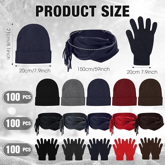 Unittype 300 Pcs Winter Beanies Gloves Scarf Set Bulk 100 Knit Skull Cap 100 Pair Winter Gloves 100 Neck Warmer for Men Women