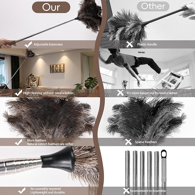 THARAHT Extendable Ostrich Feather Duster up to 16-47 inches Fluffy Feathers Long Handle Reusable for Cleaning Ceiling Fan Pendant lamp High Ceiling Blinds Furniture Feather Duster