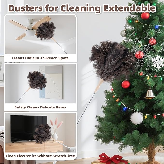Ostrich Feather Dusters for Cleaning Kit - Reusable Soft Feather Duster Extendable to 49 inches for Cleaning Ceiling Fan, High Ceiling, Blinds & Retractable Small Duster for Keyboard, Brick Toy, Car