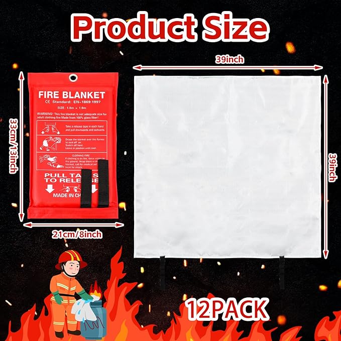 Macarrie 12 Pack 39” x 39” Fire Blanket Emergency for Home and Kitchen Safety Suppression Blanket Fiberglass Fireproof Survival for Fireplace Car Office Camping (Red)