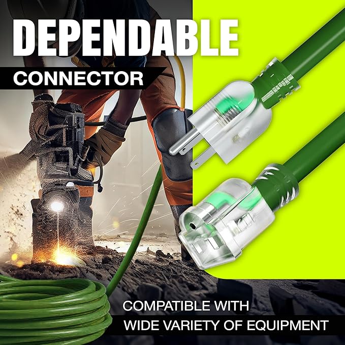 50ft Outdoor/Indoor Extension Cord 14/3 Gauge Heavy Duty 3 Prong SJTW, Waterproof, Flexible Cold-Resistant Long Power Cord,15A 125V 1875W, Green by LifeSupplyUSA