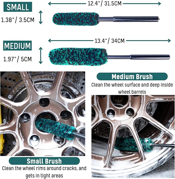 Wheel Brushes for Cleaning Wheels (4 Pro Pack)- 2X Soft Wheel Cleaning Woolies Brush, Detailing Brush and Stiff Tire Brush, Scratch Free Durable Car Wheel Rim Brush Kit for Car Rim and Tire Detailing