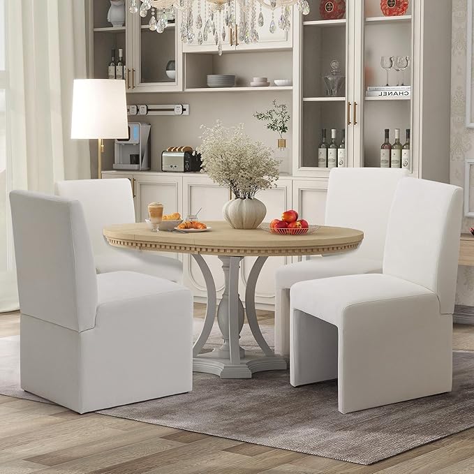 Upholstered Dining Chairs Set of 2 Modern Kitchen & Dining Room Chairs Linen Fabric Dining Chairs with Wooden Frame, White