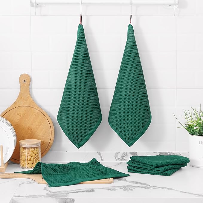 Kitinjoy 100% Cotton Kitchen Dish Cloths, 12 Pack Waffle Weave Ultra Soft Absorbent Dish Towels for Drying Dishes Quick Drying Kitchen Towels Dish Rags, 12 X 12Inch, Dark Green