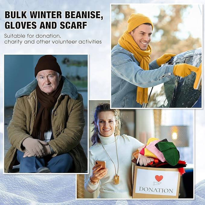 Unittype 300 Pcs Winter Beanies Gloves Scarf Set Bulk 100 Knit Skull Cap 100 Pair Winter Gloves 100 Neck Warmer for Men Women