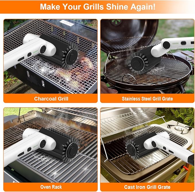 HHXRISE Electric Grill Brush for Outdoor Grill: Rechargeable BBQ Grill Cleaner with 2 Heads (Steel Wire & Flame Resistant Sponge) - 2-Speed - 90°Adjustment - Effortless Grill Grates Cleaning