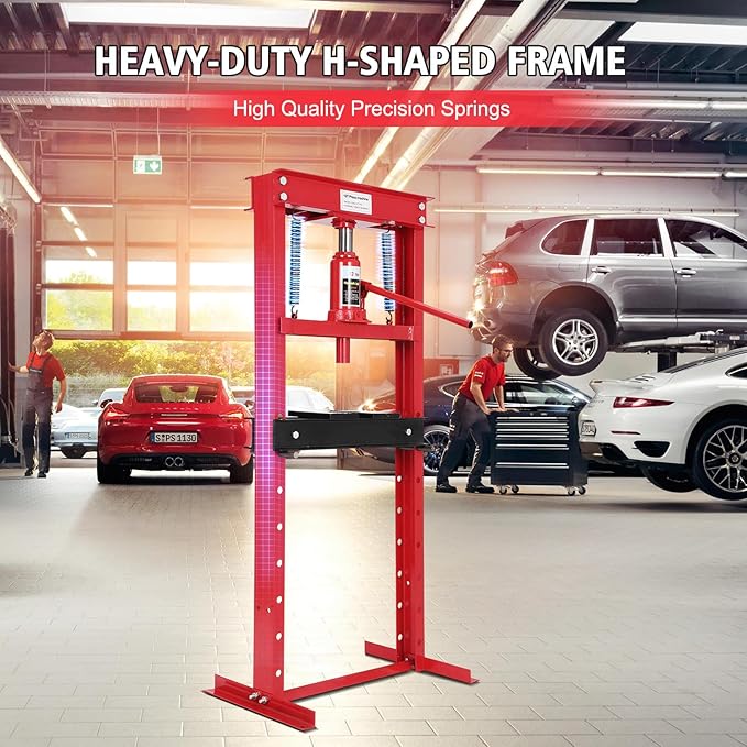12 Ton Hydraulic Shop Press, H-Frame Garage Floor Adjustable Shop Bearing Press with Stamping Plates to Bend, Straighten, Or Press Parts, Install Bearings & U-Joints