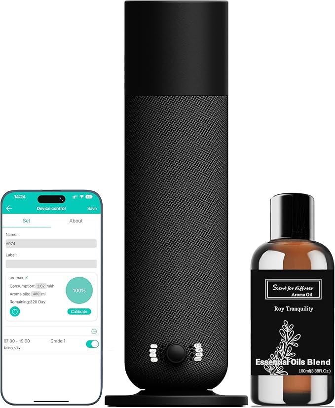 Smart Scent Air Machine for Home - Cold Air Technology Waterless Essential Oil Diffuser with Roy Tranquility Oil Set, Covers Up to 2000 Sq.Ft, Quiet Aromatherapy Machine for Hotel, Spa (Black)
