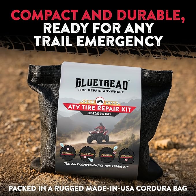 GlueTread ATV Tire Repair Kit Complete Off-Road Tire Patch Kit - Includes Glue Tread Sidewall Repair Patches, Colby Emergency Valve, Plug Kits (12 Plugs), T Handles and 4 CO2 Cartridges - Heavy Duty