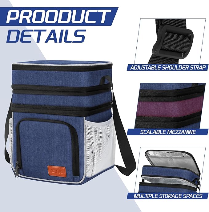 Insulated Lunch Bag for Women Men, Reusable 3 Layers Lunch Box Women, Expandable Reusable Water-resistant Lunch Box for Work Travel Office Picnic Hiking (Navy Blue)