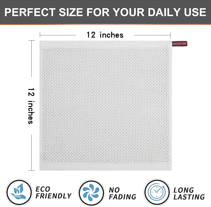 Kitinjoy 100% Cotton Kitchen Dish Cloths, 6 Pack Waffle Weave Ultra Soft Absorbent Dish Towels for Drying Dishes Quick Drying Kitchen Towels Dish Rags, 12 X 12 Inches, Light Grey