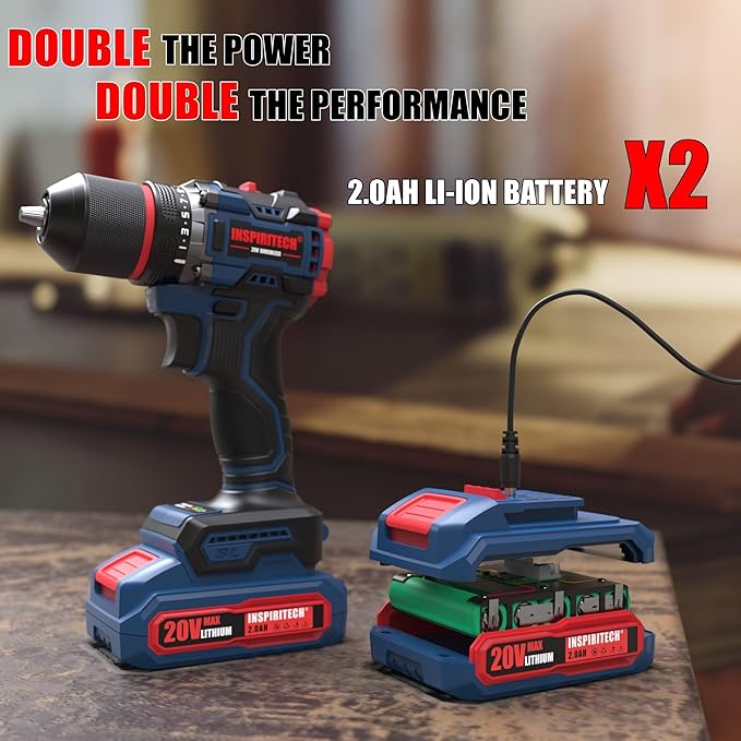 20V Cordless Drill Set, Brushless Power Drill with 2 Batteries and Charger, 3/8-Inch Metal Chuck, 22 Torque Settings, Drill/Driver Bits and Tool Bag Included