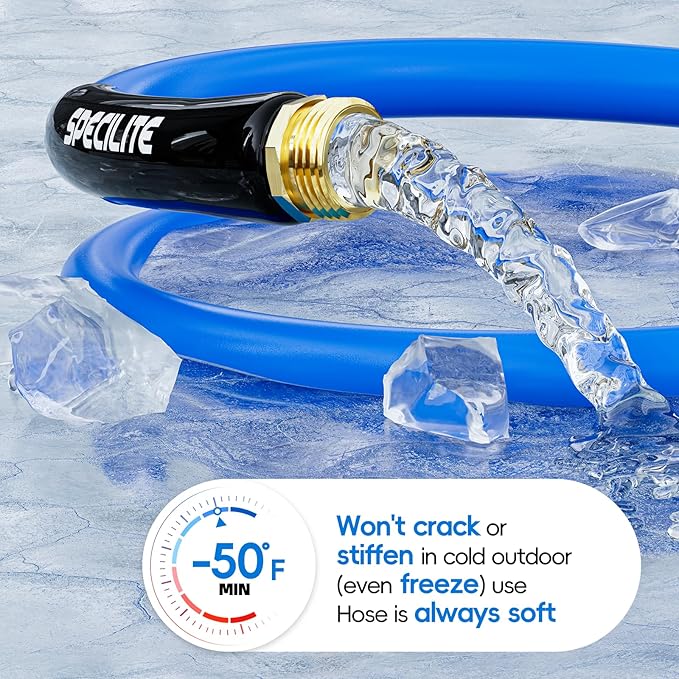 SPECILITE Hot/Cold Garden Water Hose 50 ftx 3/4 in, -50℉ To 190℉, Heavy Duty, Flexible, Burst 605 Psi, Lightweigh, Upgraded Rubber Pipe with 3/4" Brass Fittings For Backyard, Outdoor, Farm, Blue