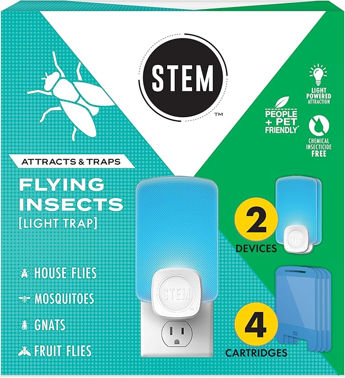 STEM Insect Trap - Indoor Fruit Fly & Gnat Pest Control for House, Home and Kitchen, Attracts & Traps Flying Bugs, Soft Blue Light - Includes 2 Plug-in Devices & 4 Cartridges