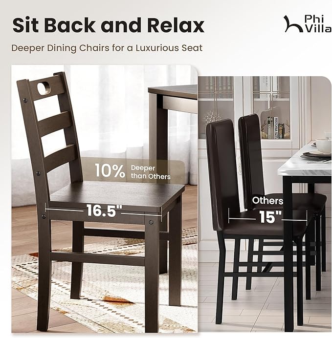 PHI VILLA Dining Table Set for 4, Classic Farmhouse Kitchen Table with 4 Chairs with Built-in Handle, Solid Wood Rectangle Dinner Table Set, Dark Walnut