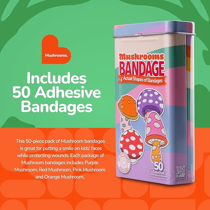 BioSwiss Kids Bandages, Mushroom Shaped Self Adhesive Bandage Set, Latex Free, Sterile Wound Care, 50 Count