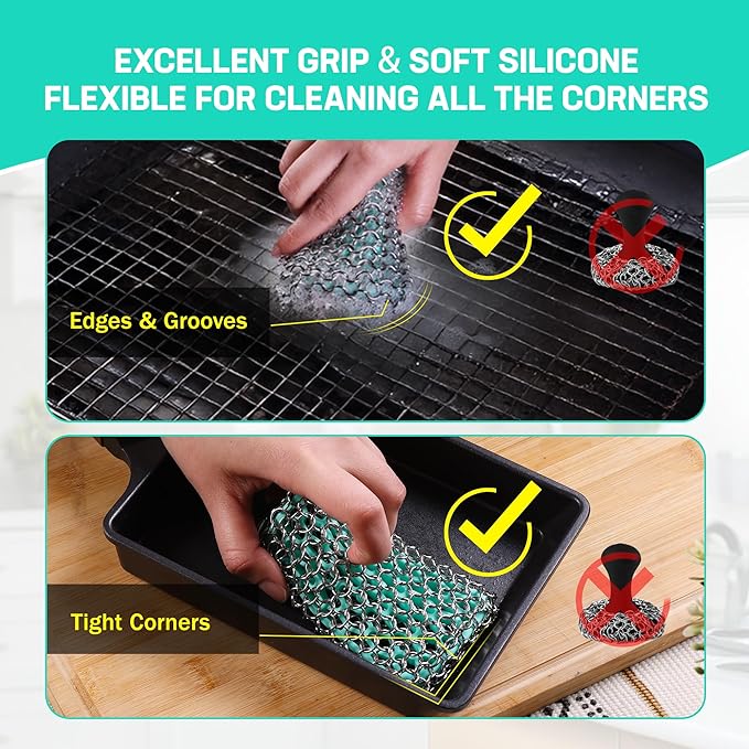 HAUSHOF Cast Iron Scrubber, Chainmail Scrubber with Silicone Core, Premium Chainmail Scrubber Sponge for Skillet, Pan, Dutch Oven