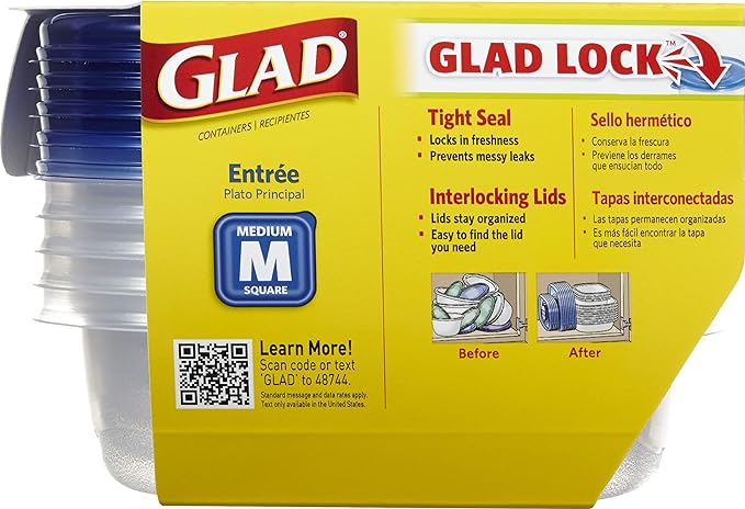 Glad Food Storage Containers for Everyday Use, Medium Square - Standard Meal Container Holds up to Twenty-Five Ounces, Blue, 25 oz - 5 Count