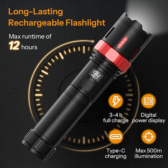 Rechrgeable EDC Flashlight, 99000 High Lumens Super Bright Flashlight, 5 Mode Flash Light with LED Display, Waterproof Powerful Handheld Light for Camping Hiking Emergency Home, 2pack