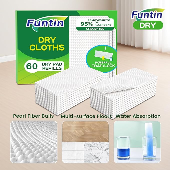 Funtin Thickened Mop Pads for Swiffer Sweeper, Unscented Disposable Mopping Cloths, Dry & Wet Use for Dirt, Dust, Hair, Home, Bathroom, Kitchen (60ct)