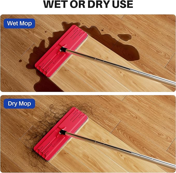 JOYMOOP Flat Mop, Microfiber Mops for Floor Cleaning and Wall Cleaner, 60" Long Handle with Flexible 13" Flat Head with a Microfiber Mop Pad - Black & Red