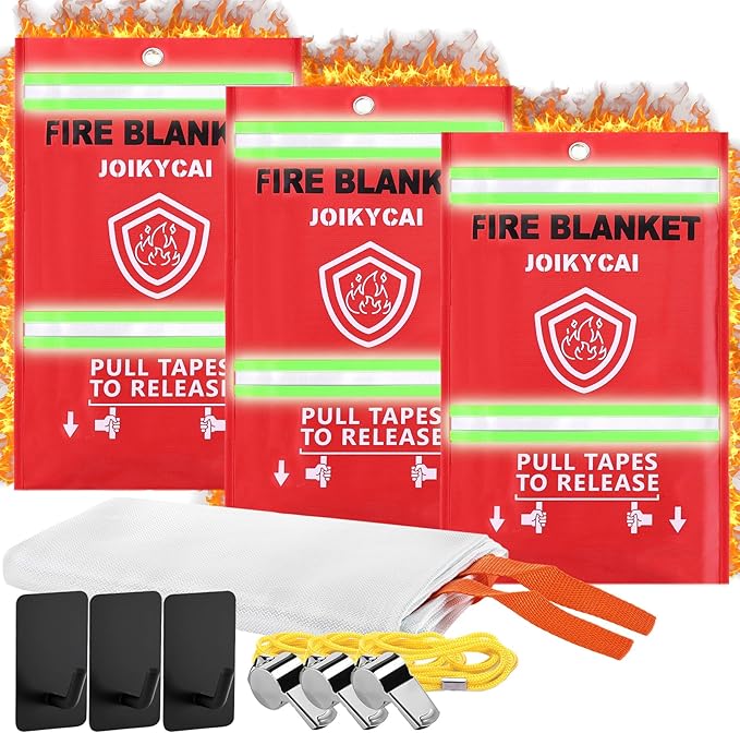 Fire Blankets Emergency For Home Survival Fire Blanket For Home And Kitchen Fire Suppression Blanket Fireproof Fiberglass Fire Safety Blanket RV Grill Fireplace Car Camping Hook Whistle 40"x40" 3 Pack