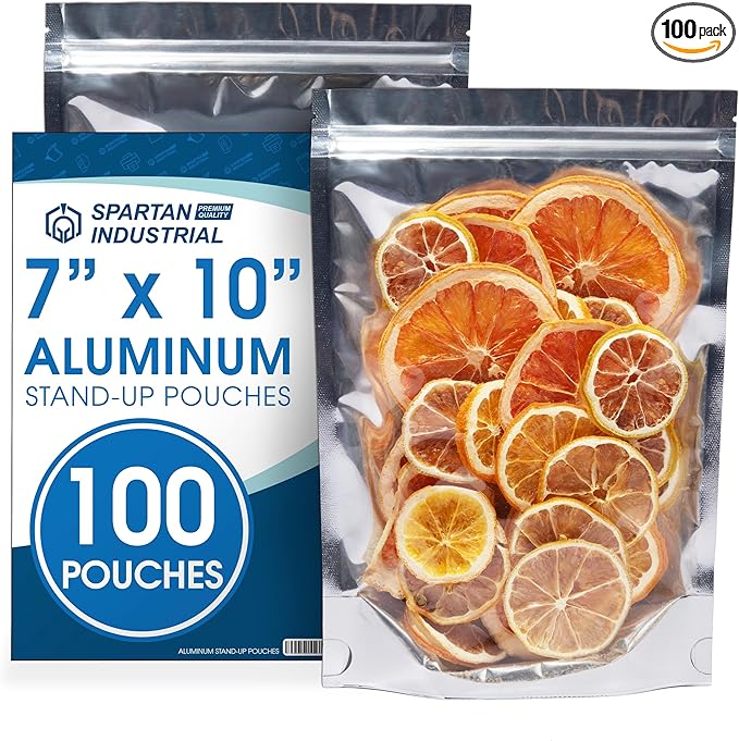 Spartan Industrial - 7" X 10" Aluminum Stand-Up Pouches - Pack of 100 Resealable Silver Bags for Smell-Proof Food Storage and Packaging, Cosmetics, Handmade Goods, and More