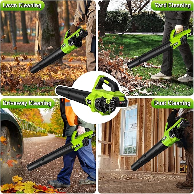 RYAHT Leaf Blower Cordless, Leaf Blower with Battery and Charger - 2 x 4.0Ah Batteries, 2 Speed Modes, 21V Powerful Electric Leaf Blower for Lawn Care, Patio Cleaning and Dust, Green