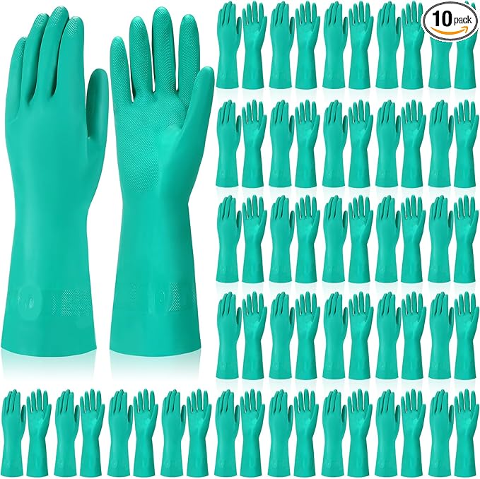 10 Pairs Chemical Resistant Gloves Heavy Duty Thick Nitrile Gloves Bulk for Cleaning, Resist Household Acid, Alkali and Oil (Large)