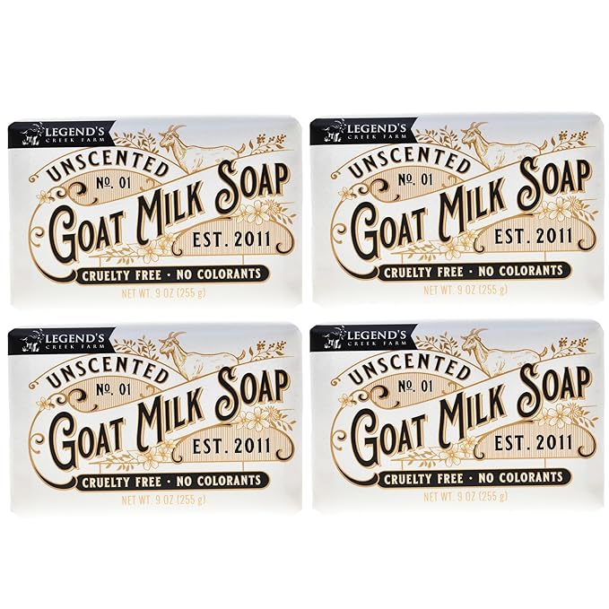 Legend's Creek Farm Goat Milk Soap - Triple Milled Cleansing Moisturizing Bar for Hands and Body - 9 Oz Creamy Lather, Nourishing, Natural Soap for Sensitive Skin (Unscented, Pack of 4)